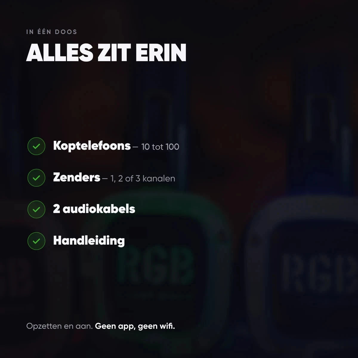 In één doos: 10 tot 100 koptelefoons, zenders, 2 audiokabels en een handleiding